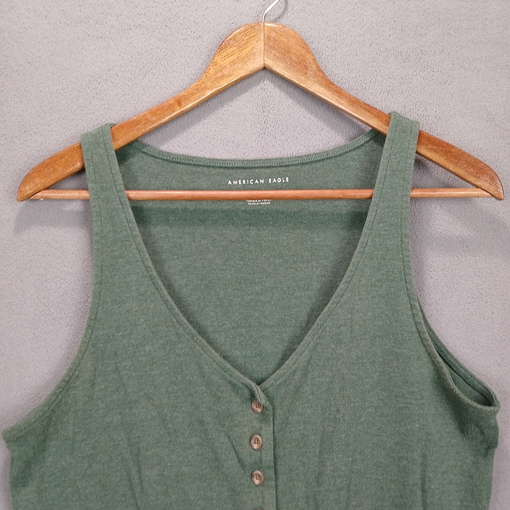 American Eagle Outfitters Crop Tank Top Womens Large Green Button Front Tie‎ Hem - Picture 3 of 6